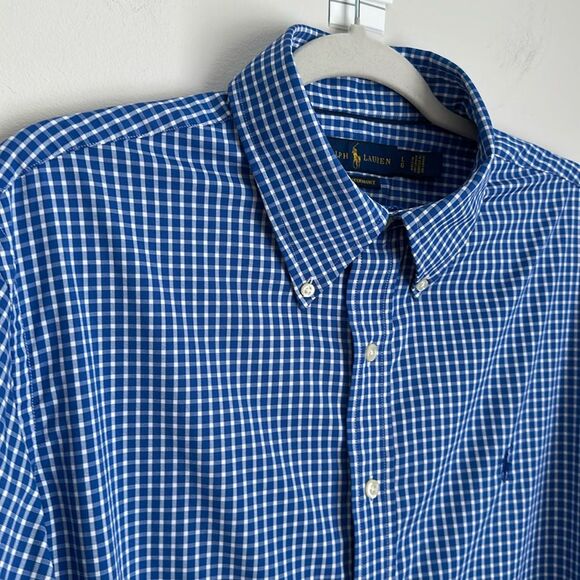 Ralph Lauren Men’s Slim Fit Performance Blue Micro Check Nylon Shirt Pony Size L - Picture 4 of 12